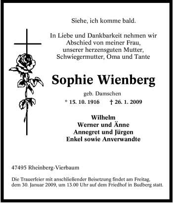 Traueranzeige von Sophie Wienberg von Tageszeitung