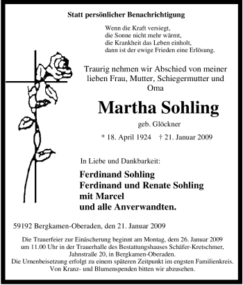 Traueranzeige von Martha Sohling von Tageszeitung