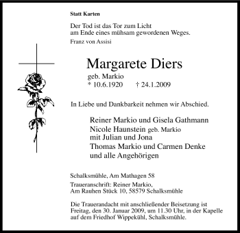 Traueranzeige von Margarete Diers von Tageszeitung