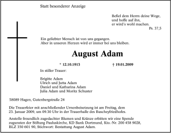 Traueranzeige von August Adam von Tageszeitung
