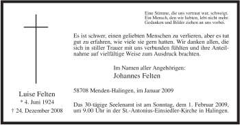 Traueranzeige von Luise Felten von Tageszeitung