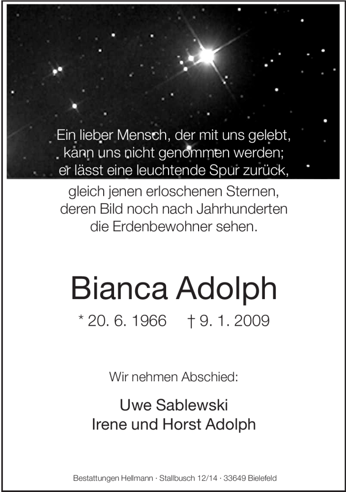  Traueranzeige für Bianca Adolph vom 14.01.2009 aus Tageszeitung