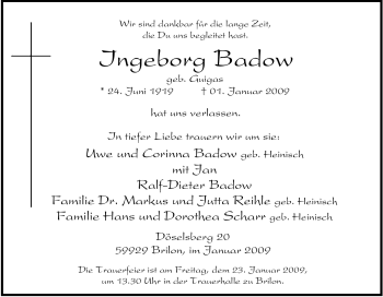 Traueranzeige von Ingeborg Badow von Tageszeitung