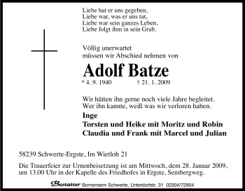 Traueranzeige von Adolf Batze von Tageszeitung