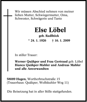 Traueranzeige von Else Löbel von Tageszeitung