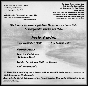 Traueranzeige von Fritz Fortak von Tageszeitung