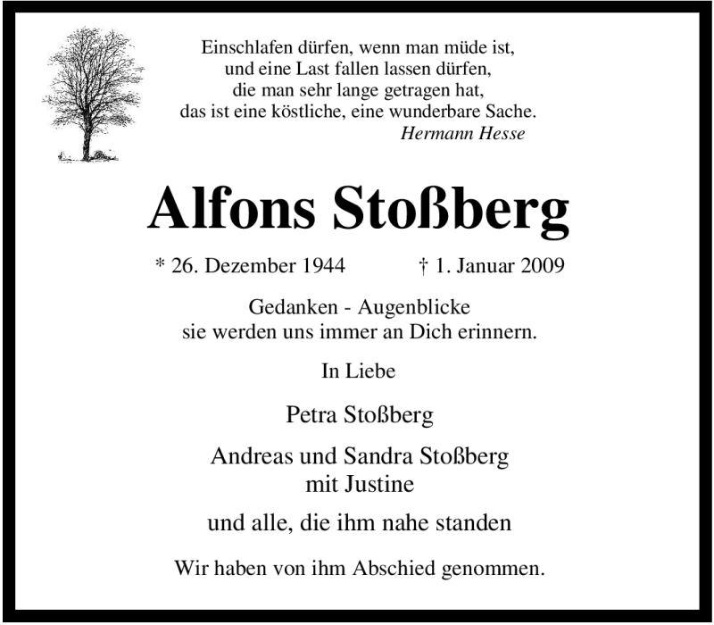  Traueranzeige für Alfons Stoßberg vom 08.01.2009 aus Tageszeitung