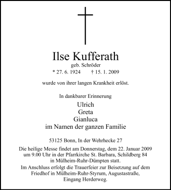 Traueranzeige von Ilse Kufferath von Tageszeitung