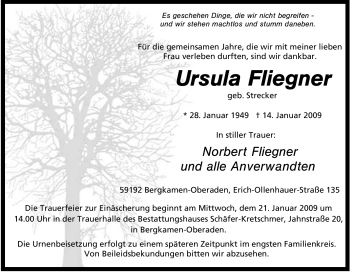 Traueranzeige von Ursula Fliegner von Tageszeitung