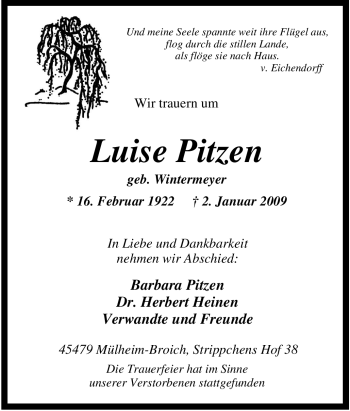 Traueranzeige von Luise Pitzen von Tageszeitung