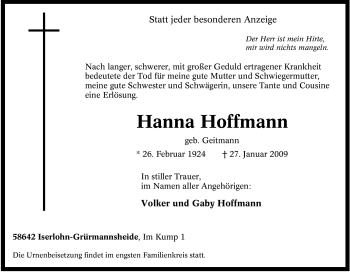 Traueranzeige von Hanna Hoffmann von Tageszeitung