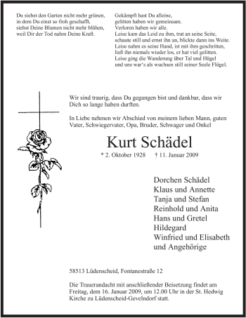 Traueranzeige von Kurt Schädel von Tageszeitung
