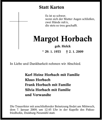 Traueranzeige von Margot Horbach von Tageszeitung