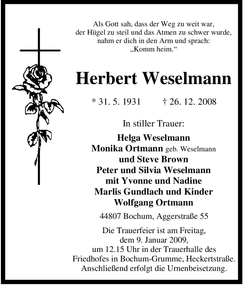  Traueranzeige für Herbert Weselmann vom 03.01.2009 aus Tageszeitung