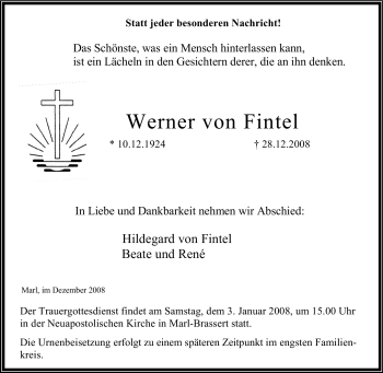 Traueranzeige von Werner von Fintel von Tageszeitung