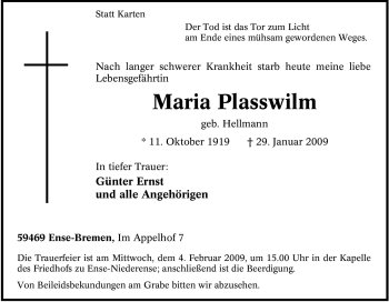 Traueranzeige von Maria Plasswilm von Tageszeitung