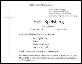 Traueranzeige von Hella Spelsberg von Tageszeitung