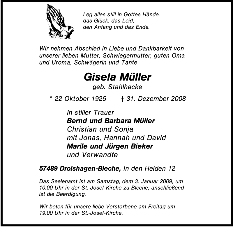  Traueranzeige für Gisela Müller vom 02.01.2009 aus Tageszeitung