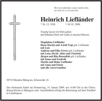 Traueranzeige von Heinrich Liefländer von Tageszeitung