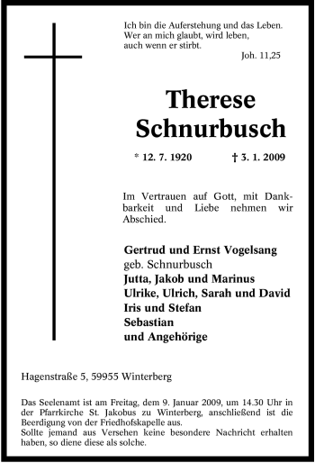Traueranzeige von Therese Schnurbusch von Tageszeitung