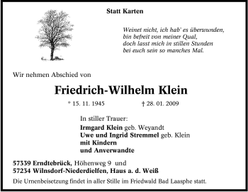 Traueranzeige von Friedrich-Wilhelm Klein von Tageszeitung