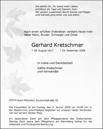 Traueranzeige von Gerhard Kretschmer von Tageszeitung