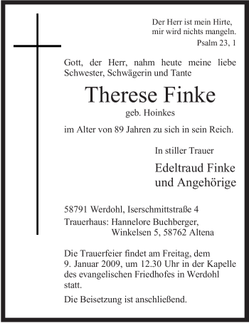 Traueranzeige von Therese Finke von Tageszeitung