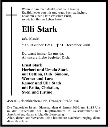 Traueranzeige von Elli Stark von Tageszeitung