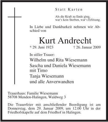 Traueranzeige von Kurt Andrecht von Tageszeitung