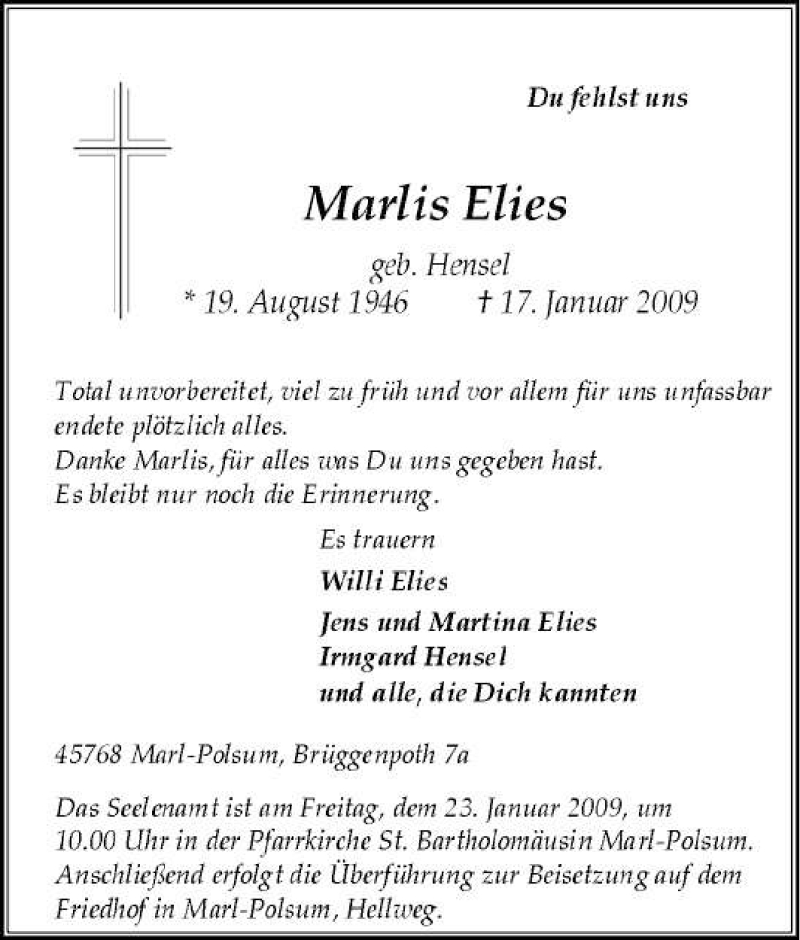  Traueranzeige für Marlis Elies vom 20.01.2009 aus Tageszeitung