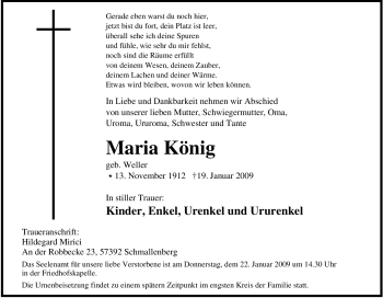 Traueranzeige von Maria König von Tageszeitung