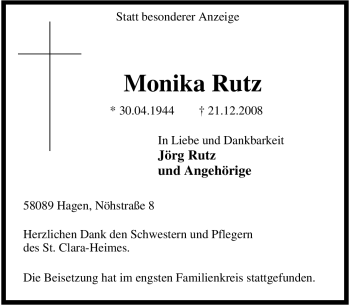 Traueranzeige von Monika Rutz von Tageszeitung