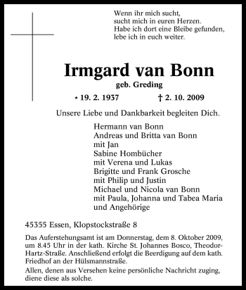 Traueranzeige von Irmgard van Bonn von Tageszeitung