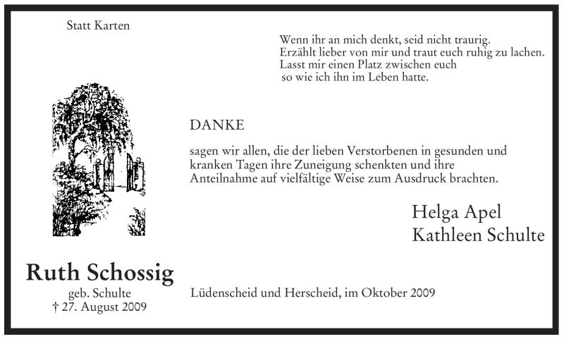  Traueranzeige für Ruth Schossig vom 10.10.2009 aus Tageszeitung