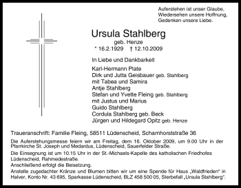 Traueranzeige von Ursula Stahlberg von Tageszeitung