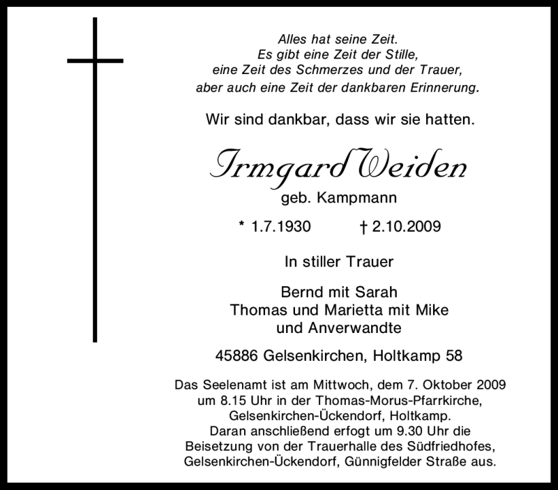  Traueranzeige für Irmgard Weiden vom 03.10.2009 aus Tageszeitung