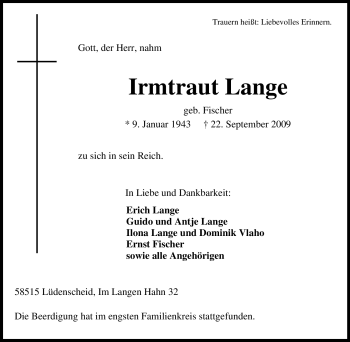 Traueranzeige von Irmtraut Lange von Tageszeitung