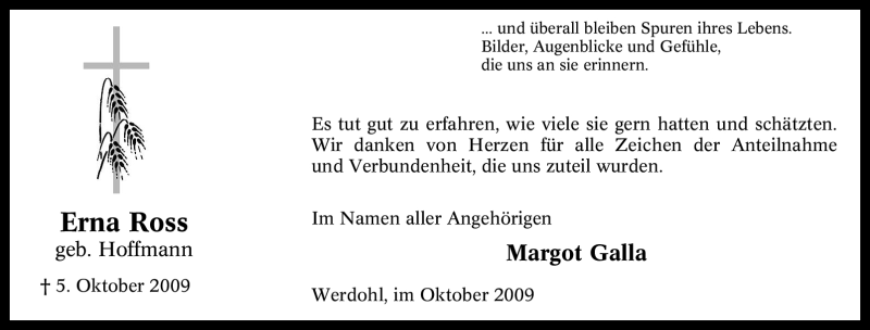  Traueranzeige für Erna Ross vom 31.10.2009 aus Tageszeitung