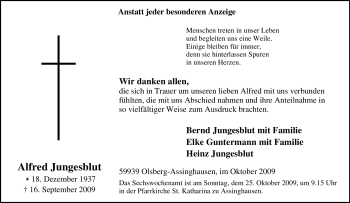 Traueranzeige von Alfred Jungesblut von Tageszeitung