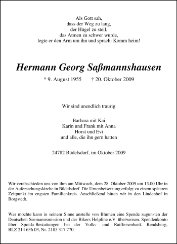 Traueranzeige von Hermann Georg Saßmannshausen von Tageszeitung
