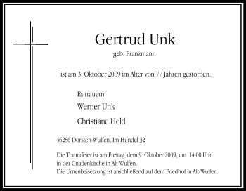 Traueranzeige von Gertrud Unk von Tageszeitung