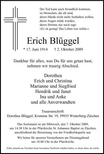 Traueranzeige von Erich Blüggel von Tageszeitung
