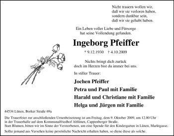 Traueranzeige von Ingeborg Pfeiffer von Tageszeitung