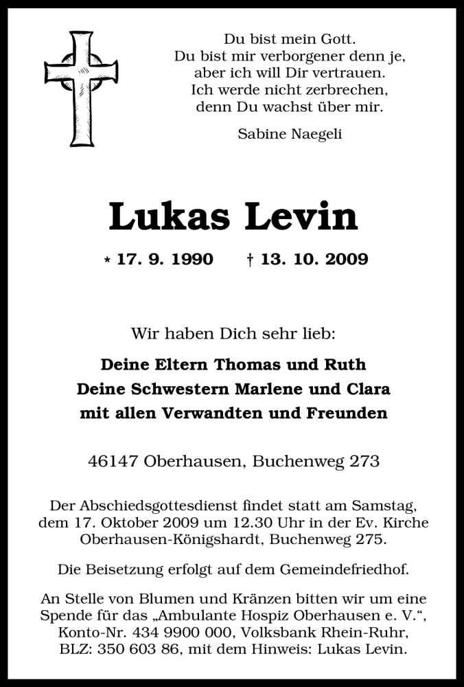  Traueranzeige für Lukas Levin vom 15.10.2009 aus Tageszeitung