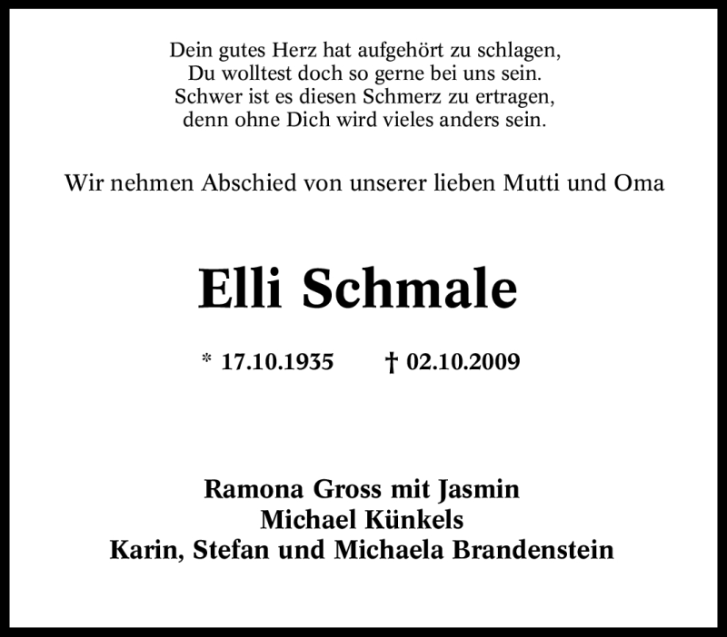  Traueranzeige für Elli Schmale vom 14.10.2009 aus Tageszeitung