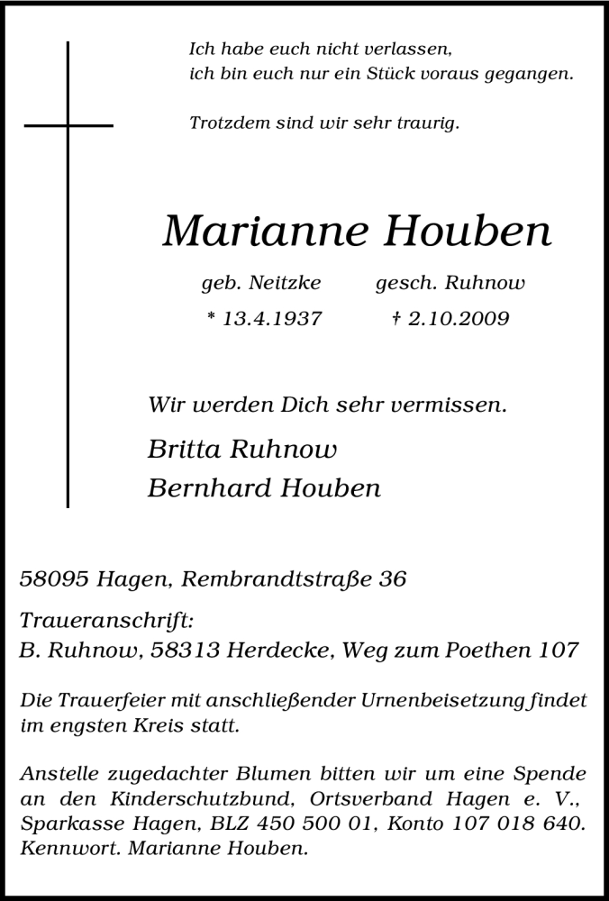  Traueranzeige für Marianne Houben vom 07.10.2009 aus Tageszeitung
