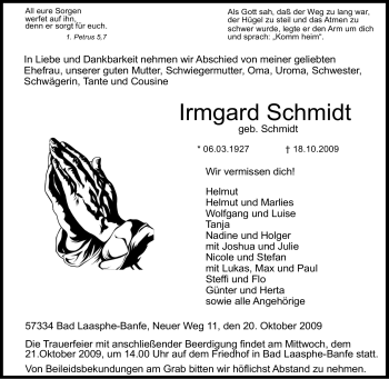Traueranzeige von Irmgard Schmidt von Tageszeitung