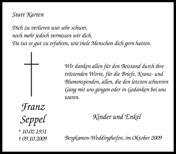 Traueranzeige von Franz Seppel von Tageszeitung