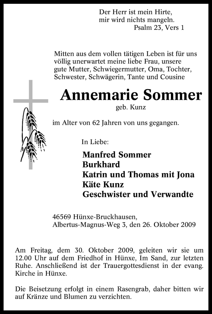  Traueranzeige für Annemarie Sommer vom 29.10.2009 aus Tageszeitung