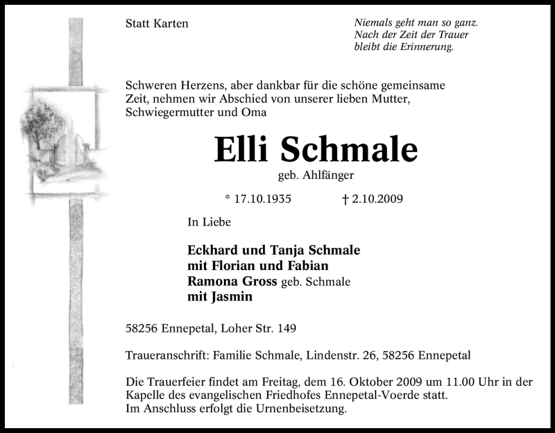  Traueranzeige für Elli Schmale vom 14.10.2009 aus Tageszeitung